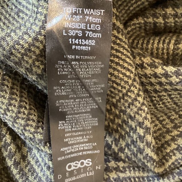 ASOS Design Pleated Trouser Pants Olive Green & Black Glen Plaid 28x30 #314F - Picture 9 of 9